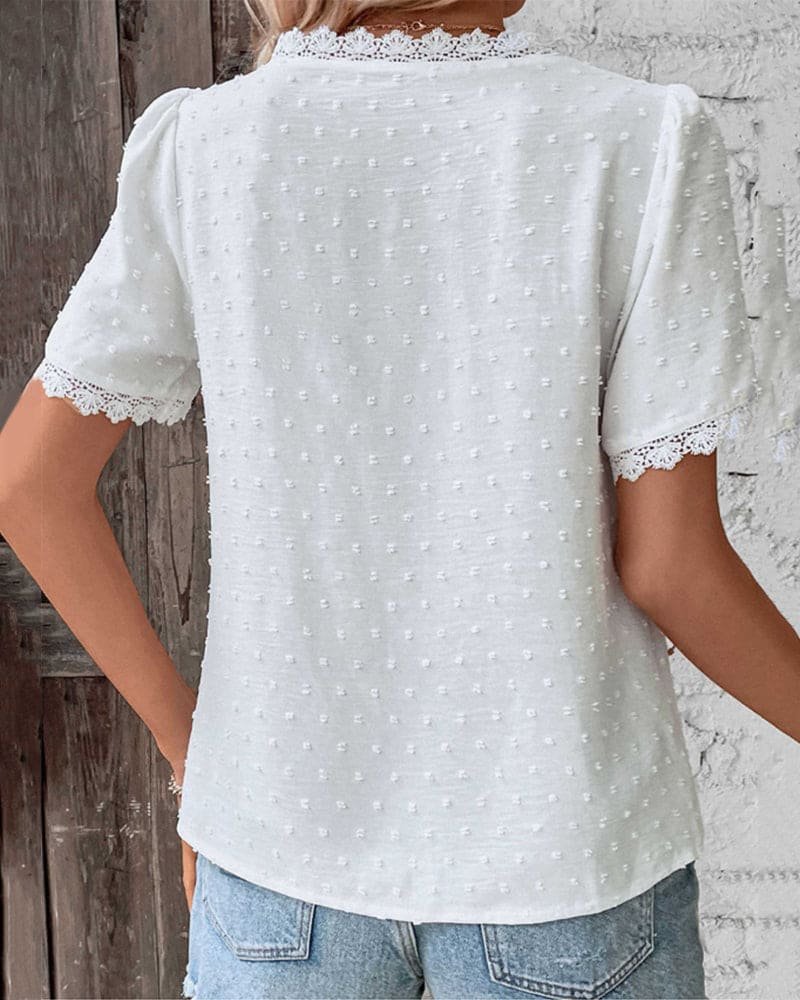 Freya | Women's Swiss Dot Boho V-Neck Lace-Trim Blouse