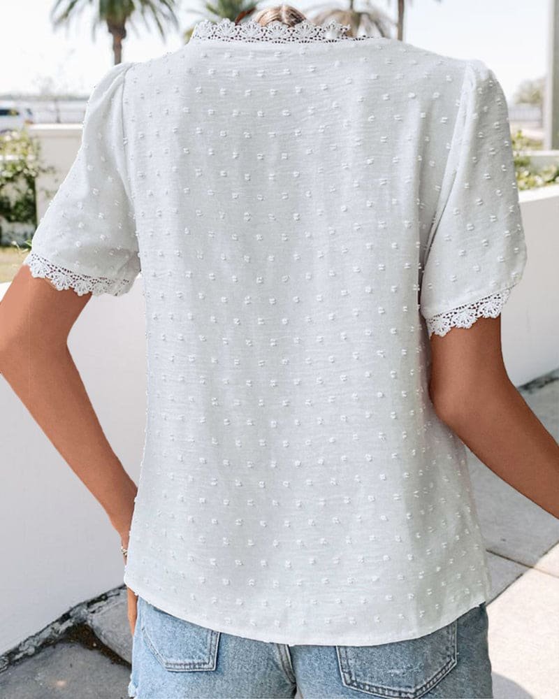 Freya | Women's Swiss Dot Boho V-Neck Lace-Trim Blouse